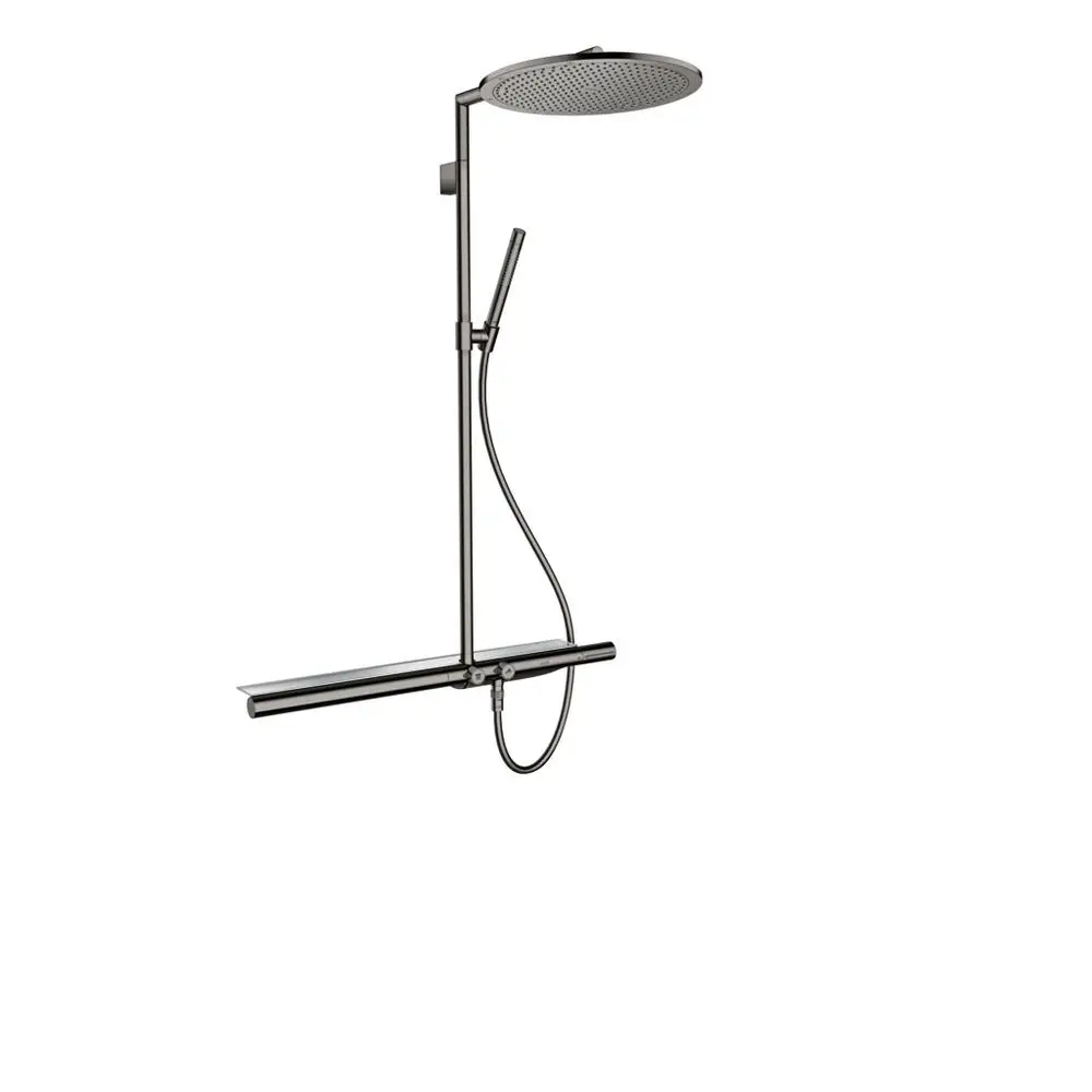 Showerpipe von AXOR mit Thermostat und Kopfbrause, in Polished Black Chrome. Enthält Handbrause und flexibel einstellbare Wasserzufuhr.